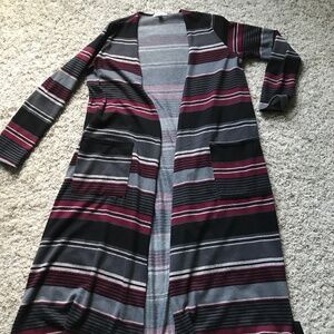 LulaRoe long open sweater. Black, gray, red stripe.